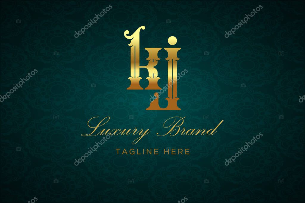 KJ LUXURY LETTER. Luxury brand logo featuring gold text and decoration on a dark green patterned background, symbolizing sophistication and exclusivity, perfect for representing premium products, brands, and high-end businesses.