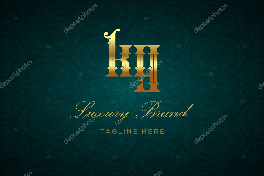 KG LUXURY LETTER. Luxury brand logo featuring gold text and decoration on a dark green patterned background, symbolizing sophistication and exclusivity, perfect for representing premium products, brands, and high-end businesses.
