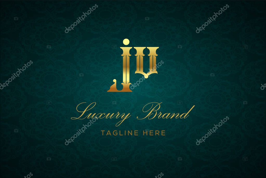 JV LUXURY LETTER. Luxury brand logo featuring gold text and decoration on a dark green patterned background, symbolizing sophistication and exclusivity, perfect for representing premium products, brands, and high-end businesses.