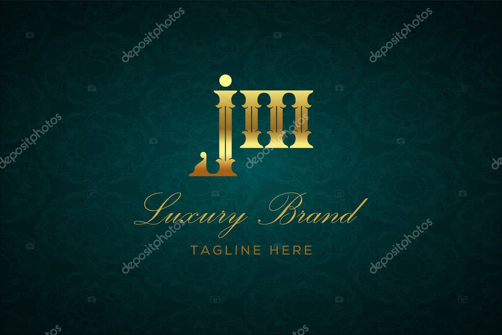 JM LUXURY LETTER. Luxury brand logo featuring gold text and decoration on a dark green patterned background, symbolizing sophistication and exclusivity, perfect for representing premium products, brands, and high-end businesses.