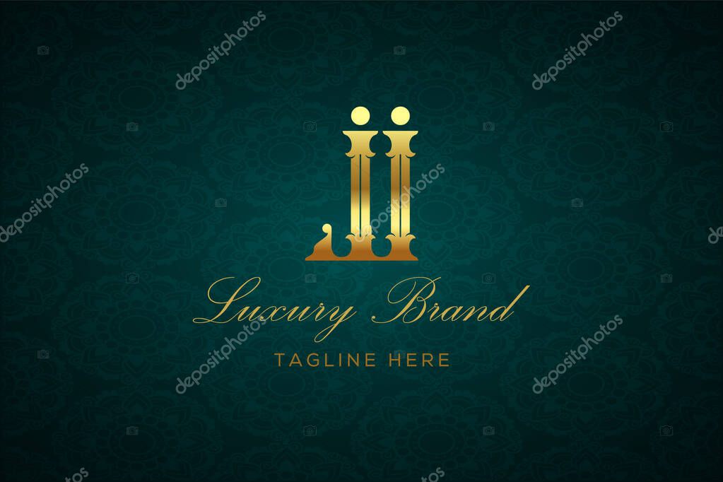 JJ LUXURY LETTER. Luxury brand logo featuring gold text and decoration on a dark green patterned background, symbolizing sophistication and exclusivity, perfect for representing premium products, brands, and high-end businesses.