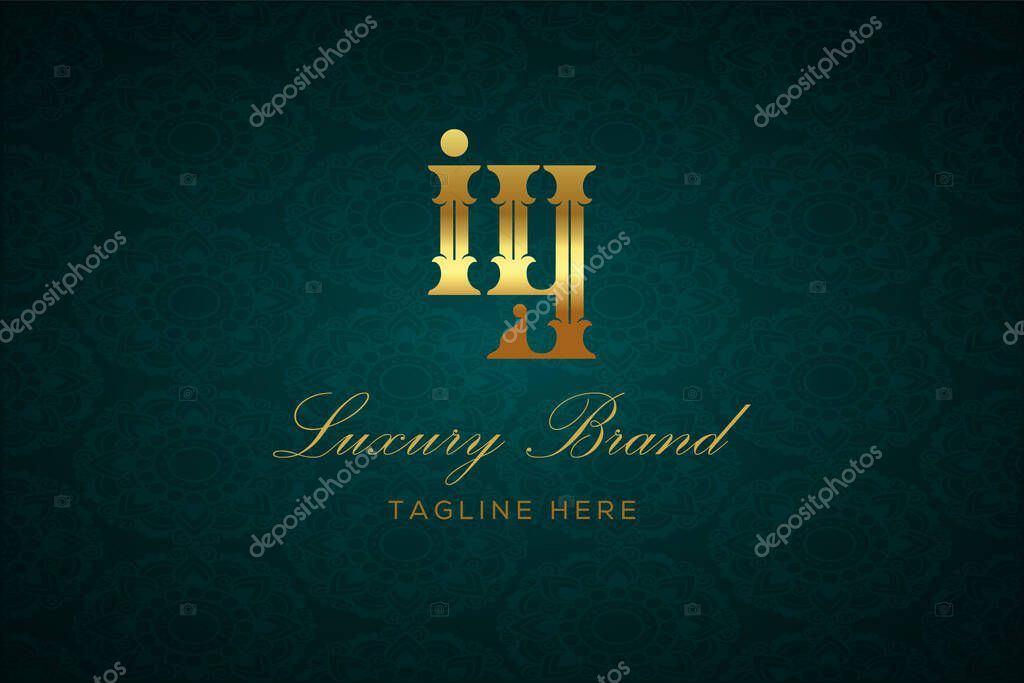 IY LUXURY LETTER. Luxury brand logo featuring gold text and decoration on a dark green patterned background, symbolizing sophistication and exclusivity, perfect for representing premium products, brands, and high-end businesses.
