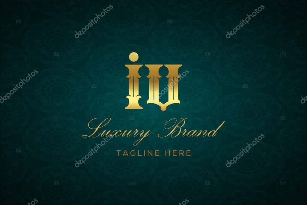 IV LUXURY LETTER. Luxury brand logo featuring gold text and decoration on a dark green patterned background, symbolizing sophistication and exclusivity, perfect for representing premium products, brands, and high-end businesses.
