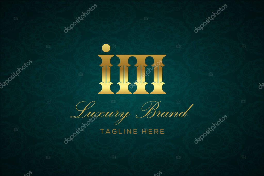 IM LUXURY LETTER. Luxury brand logo featuring gold text and decoration on a dark green patterned background, symbolizing sophistication and exclusivity, perfect for representing premium products, brands, and high-end businesses.