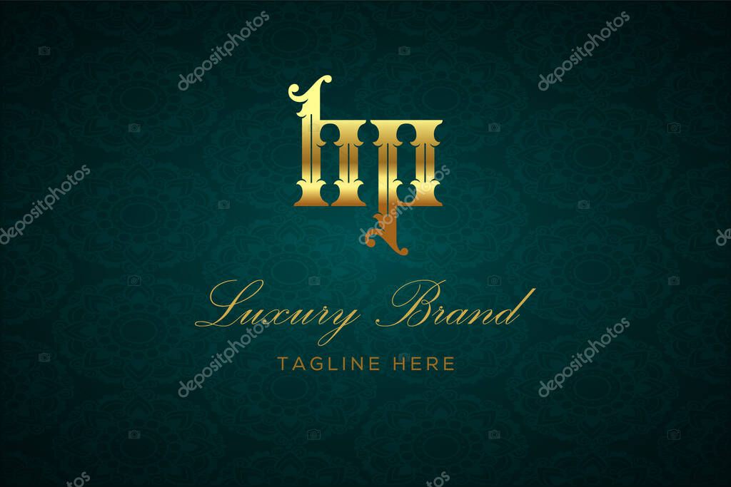 HP LUXURY LETTER. Luxury brand logo featuring gold text and decoration on a dark green patterned background, symbolizing sophistication and exclusivity, perfect for representing premium products, brands, and high-end businesses.