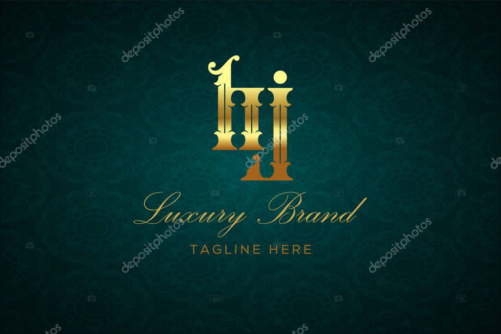 HJ LUXURY LETTER. Luxury brand logo featuring gold text and decoration on a dark green patterned background, symbolizing sophistication and exclusivity, perfect for representing premium products, brands, and high-end businesses.