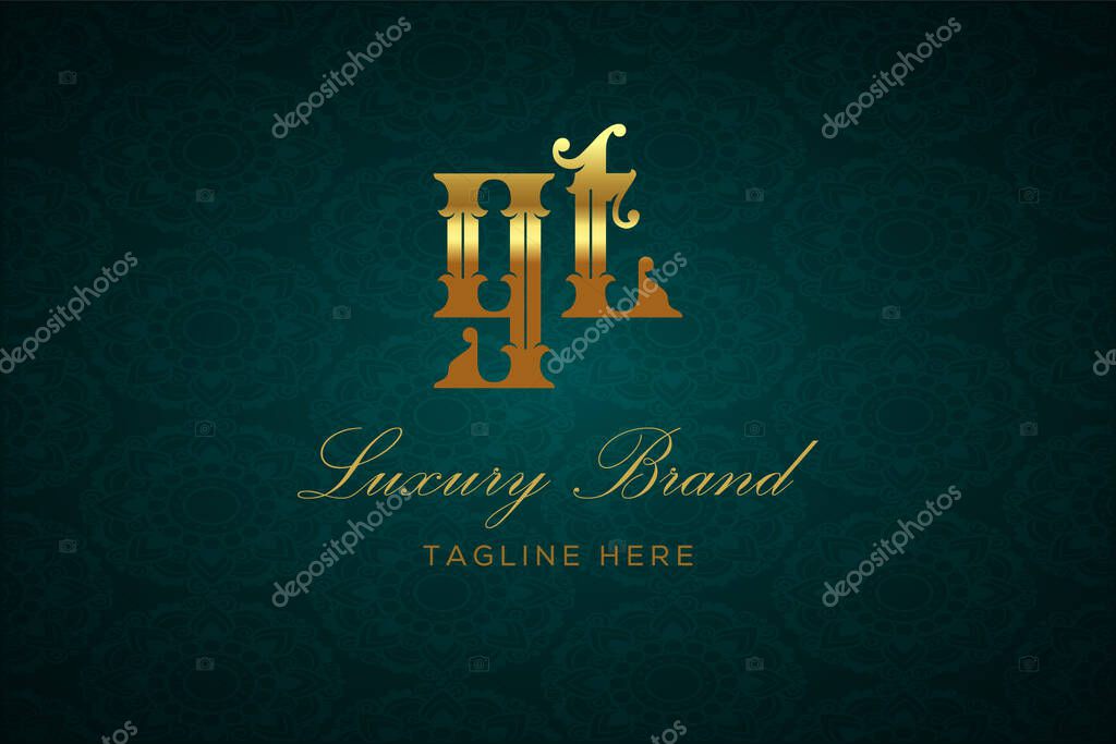 GT LUXURY LETTER. Luxury brand logo featuring gold text and decoration on a dark green patterned background, symbolizing sophistication and exclusivity, perfect for representing premium products, brands, and high-end businesses.