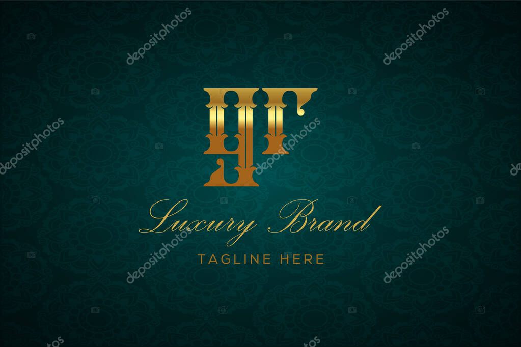 GR LUXURY LETTER. Luxury brand logo featuring gold text and decoration on a dark green patterned background, symbolizing sophistication and exclusivity, perfect for representing premium products, brands, and high-end businesses.