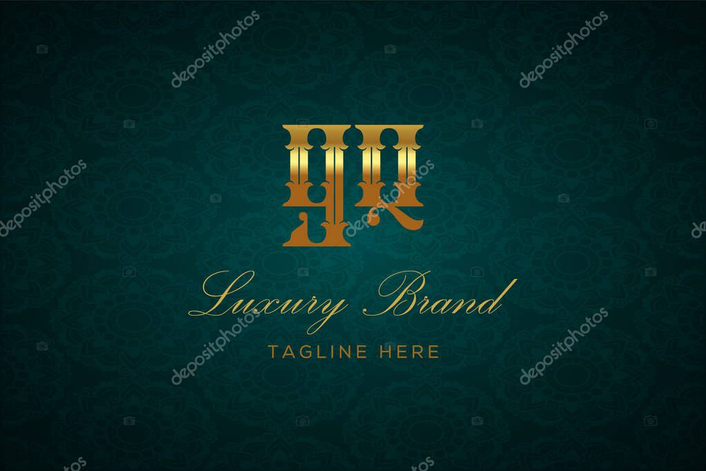 GQ LUXURY LETTER. Luxury brand logo featuring gold text and decoration on a dark green patterned background, symbolizing sophistication and exclusivity, perfect for representing premium products, brands, and high-end businesses.