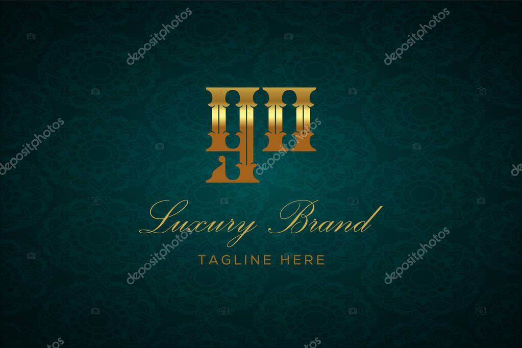 GN LUXURY LETTER. Luxury brand logo featuring gold text and decoration on a dark green patterned background, symbolizing sophistication and exclusivity, perfect for representing premium products, brands, and high-end businesses.