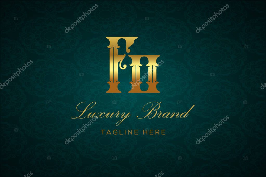 FO LUXURY LETTER. Luxury brand logo featuring gold text and decoration on a dark green patterned background, symbolizing sophistication and exclusivity, perfect for representing premium products, brands, and high-end businesses.