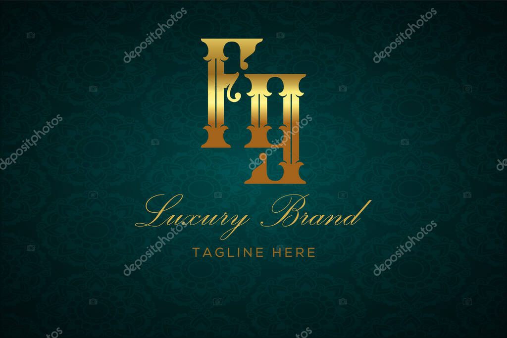 FG LUXURY LETTER. Luxury brand logo featuring gold text and decoration on a dark green patterned background, symbolizing sophistication and exclusivity, perfect for representing premium products, brands, and high-end businesses.