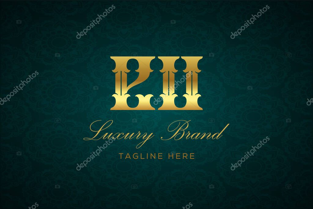 EU LUXURY LETTER. Luxury brand logo featuring gold text and decoration on a dark green patterned background, symbolizing sophistication and exclusivity, perfect for representing premium products, brands, and high-end businesses.