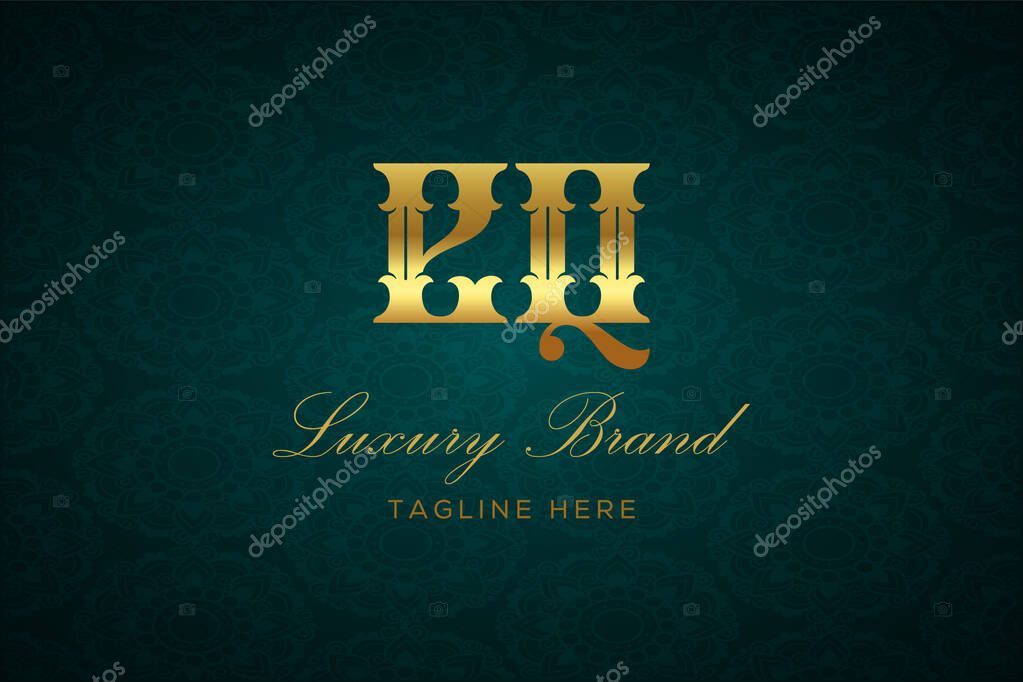 EQ LUXURY LETTER. Luxury brand logo featuring gold text and decoration on a dark green patterned background, symbolizing sophistication and exclusivity, perfect for representing premium products, brands, and high-end businesses.