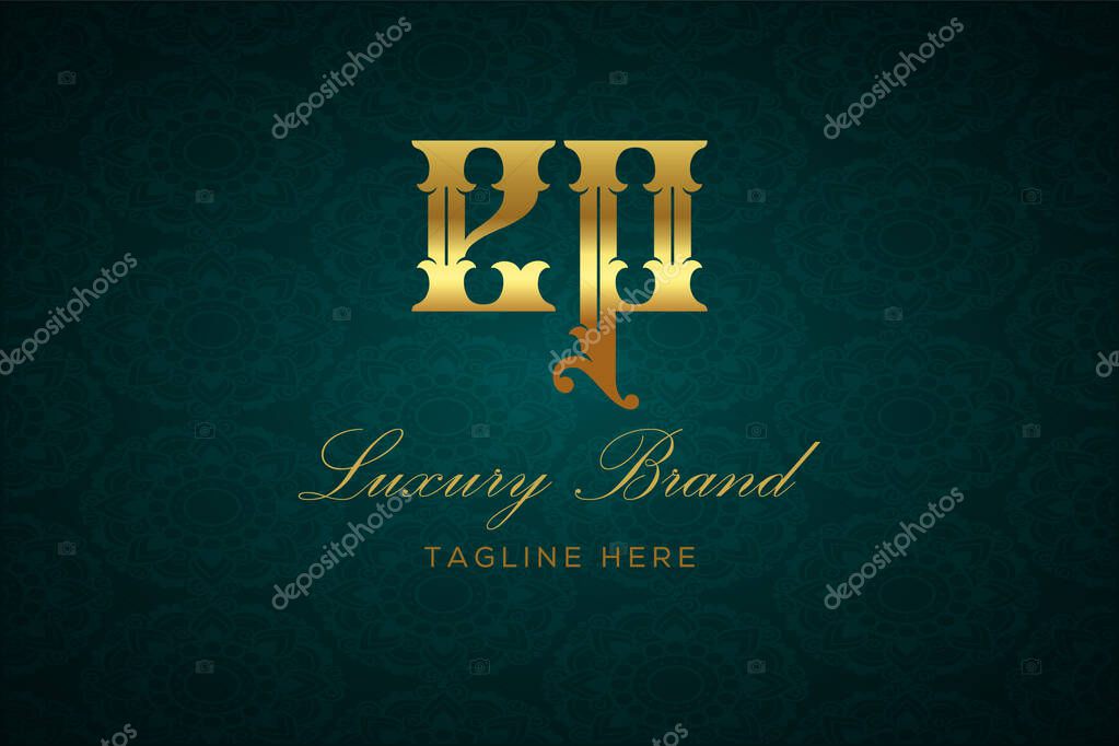 EP LUXURY LETTER. Luxury brand logo featuring gold text and decoration on a dark green patterned background, symbolizing sophistication and exclusivity, perfect for representing premium products, brands, and high-end businesses.