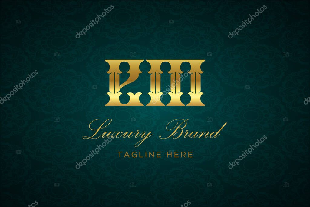 EM LUXURY LETTER. Luxury brand logo featuring gold text and decoration on a dark green patterned background, symbolizing sophistication and exclusivity, perfect for representing premium products, brands, and high-end businesses.