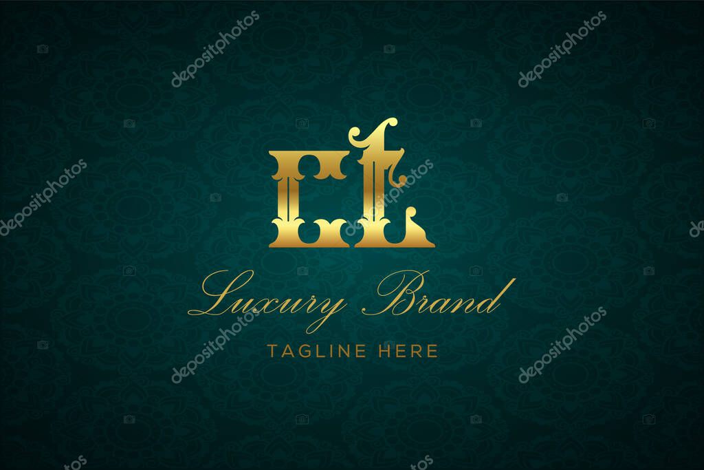 CT LUXURY LETTER. Luxury brand logo featuring gold text and decoration on a dark green patterned background, symbolizing sophistication and exclusivity, perfect for representing premium products, brands, and high-end businesses.