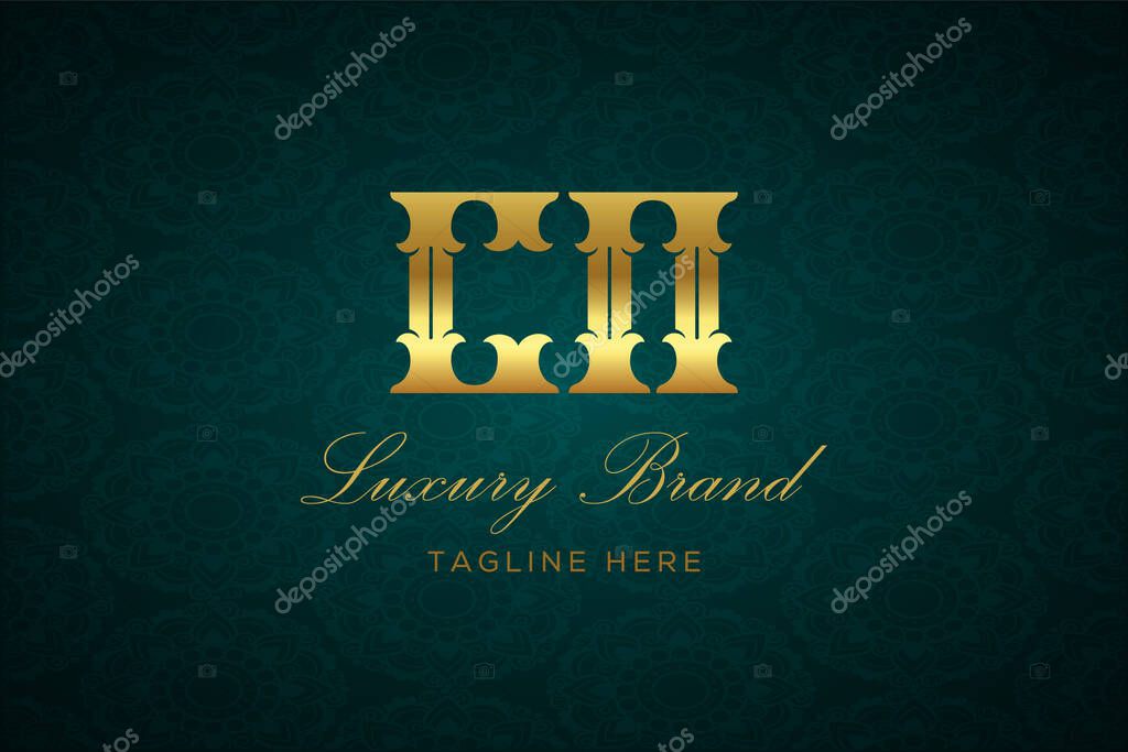 CN LUXURY LETTER. Luxury brand logo featuring gold text and decoration on a dark green patterned background, symbolizing sophistication and exclusivity, perfect for representing premium products, brands, and high-end businesses.
