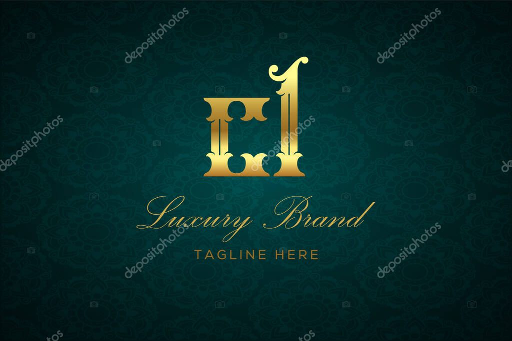 CL LUXURY LETTER. Luxury brand logo featuring gold text and decoration on a dark green patterned background, symbolizing sophistication and exclusivity, perfect for representing premium products, brands, and high-end businesses.