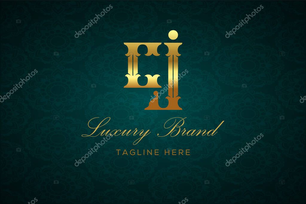 CJ LUXURY LETTER. Luxury brand logo featuring gold text and decoration on a dark green patterned background, symbolizing sophistication and exclusivity, perfect for representing premium products, brands, and high-end businesses.