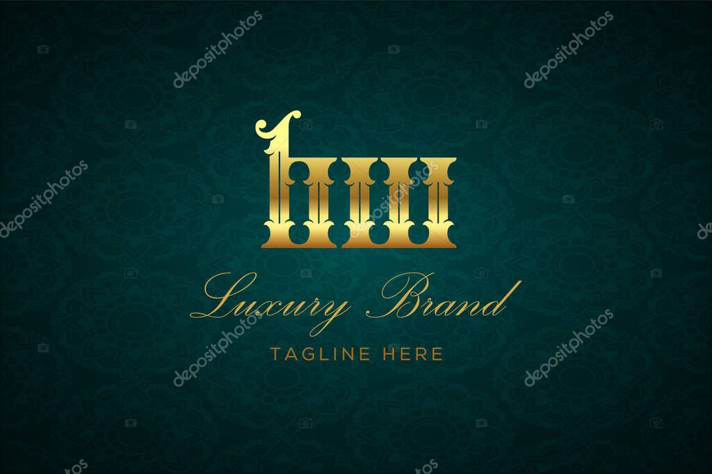 BW LUXURY LETTER. Luxury brand logo featuring gold text and decoration on a dark green patterned background, symbolizing sophistication and exclusivity, perfect for representing premium products, brands, and high-end businesses.