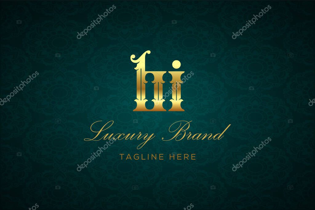 BI LUXURY LETTER. Luxury brand logo featuring gold text and decoration on a dark green patterned background, symbolizing sophistication and exclusivity, perfect for representing premium products, brands, and high-end businesses.