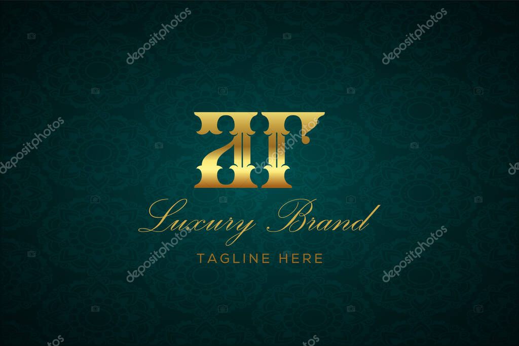 AR LUXURY LETTER. Luxury brand logo featuring gold text and decoration on a dark green patterned background, symbolizing sophistication and exclusivity, perfect for representing premium products, brands, and high-end businesses.