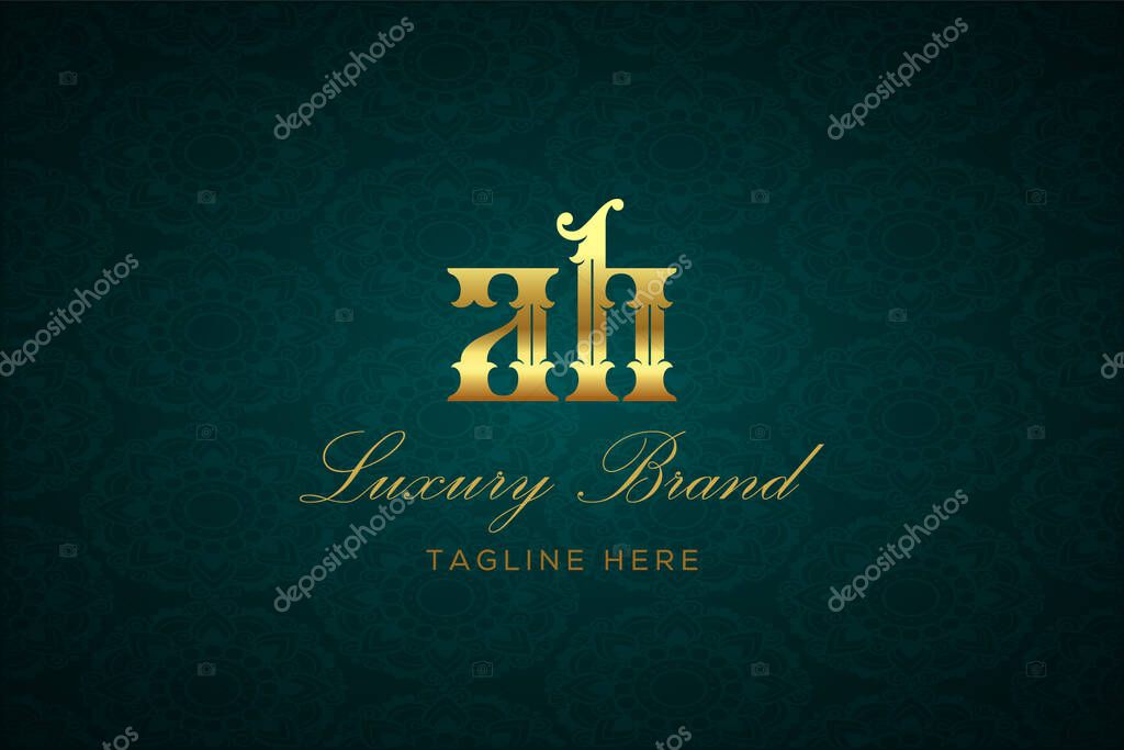 AH LUXURY LETTER. Luxury brand logo featuring gold text and decoration on a dark green patterned background, symbolizing sophistication and exclusivity, perfect for representing premium products, brands, and high-end businesses.