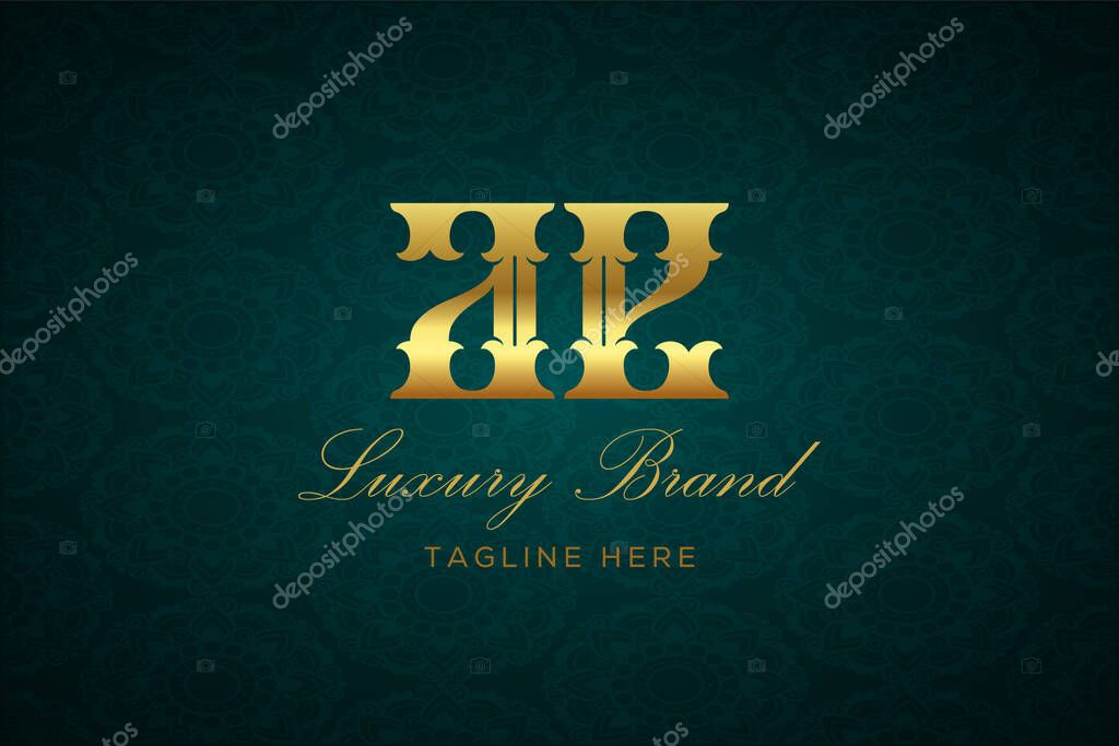 AE LUXURY LETTER. Luxury brand logo featuring gold text and decoration on a dark green patterned background, symbolizing sophistication and exclusivity, perfect for representing premium products, brands, and high-end businesses.