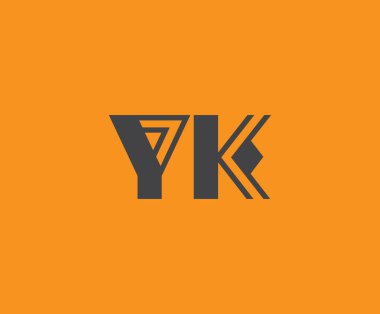 Canlı turuncu arkaplan üzerinde geometrik elementlerle kalın siyah harf 'YK', markalaşma, tasarım veya modern yaratıcı projeler için ideal.