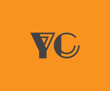 Canlı turuncu arka planda geometrik elementlere sahip kalın siyah harf 'YC', markalaşma, tasarım veya modern yaratıcı projeler için ideal.