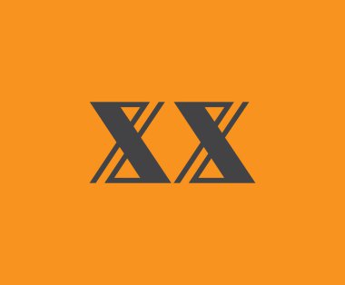 Canlı turuncu arkaplan üzerinde geometrik elementlere sahip kalın siyah harf XX, markalaşma, tasarım veya modern yaratıcı projeler için idealdir.