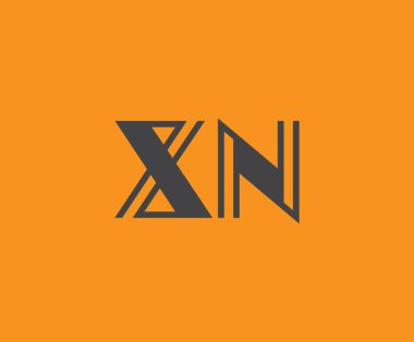 Canlı turuncu arkaplan üzerinde geometrik elementlerle kalın siyah harf 'XN', markalaşma, tasarım veya modern yaratıcı projeler için ideal.