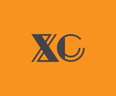 Canlı turuncu arkaplan üzerinde geometrik elementlere sahip kalın siyah harf 'XC', markalaşma, tasarım veya modern yaratıcı projeler için ideal.