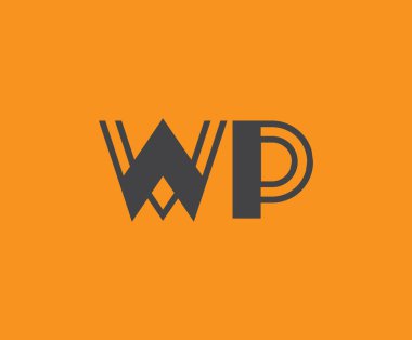 Canlı turuncu arkaplanda geometrik elementlere sahip kalın siyah harfli 'WP' markalaşma, tasarım veya modern yaratıcı projeler için idealdir.