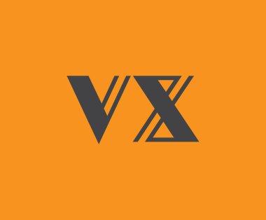 Canlı turuncu arkaplan üzerinde geometrik elementlere sahip kalın siyah harf 'VX', markalaşma, tasarım veya modern yaratıcı projeler için ideal.
