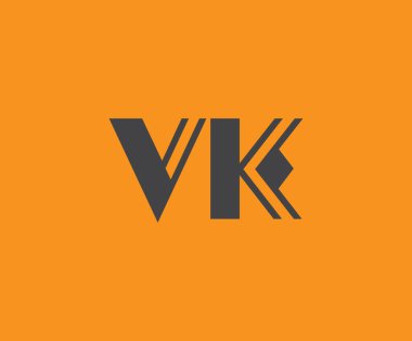 Canlı turuncu arkaplan üzerinde geometrik elementlere sahip kalın siyah harf 'VK', markalaşma, tasarım veya modern yaratıcı projeler için ideal.