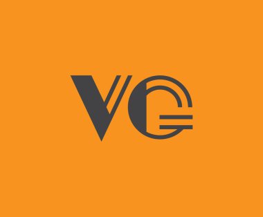 Canlı turuncu arkaplanda geometrik elementlere sahip kalın siyah harf 'VG', markalaşma, tasarım veya modern yaratıcı projeler için ideal.