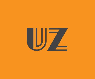 Canlı turuncu arkaplan üzerinde geometrik elementlere sahip kalın siyah harf 'UZ', markalaşma, tasarım veya modern yaratıcı projeler için ideal.