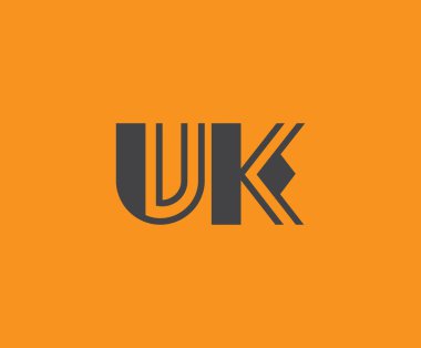Kalın siyah harf 'UK' canlı turuncu arkaplan üzerinde geometrik elementler, markalaşma, tasarım veya modern yaratıcı projeler için ideal.