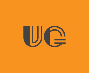 Canlı turuncu arkaplan üzerinde geometrik elementlere sahip kalın siyah harf 'UG', markalaşma, tasarım veya modern yaratıcı projeler için ideal.