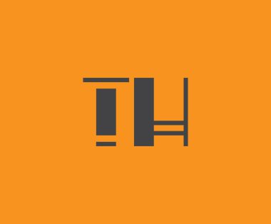Canlı turuncu arkaplan üzerinde geometrik elementlerle kalın siyah harf 'TH', markalaşma, tasarım veya modern yaratıcı projeler için ideal.