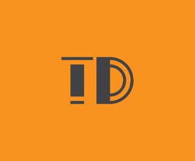 Canlı turuncu arkaplan üzerinde geometrik elementlerle kalın siyah harf 'TD', markalaşma, tasarım veya modern yaratıcı projeler için ideal.