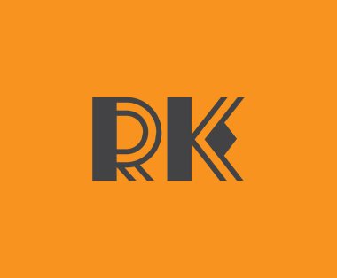 Canlı turuncu arkaplan üzerinde geometrik elementlere sahip kalın siyah harf 'RK', markalaşma, tasarım veya modern yaratıcı projeler için ideal.