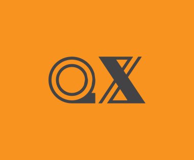 Canlı turuncu arkaplan üzerinde geometrik elementlerle kalın siyah harf 'QX', markalaşma, tasarım veya modern yaratıcı projeler için ideal.