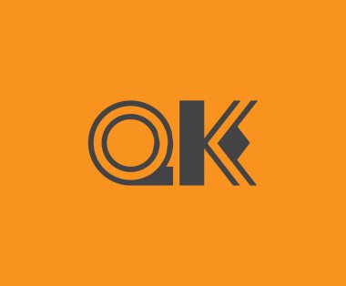 Canlı turuncu arkaplan üzerinde geometrik elementlere sahip kalın siyah harf 'QK', markalaşma, tasarım veya modern yaratıcı projeler için ideal.