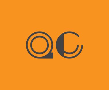 Canlı turuncu arkaplanda geometrik elementlere sahip kalın siyah harf 'QC', markalaşma, tasarım veya modern yaratıcı projeler için idealdir.