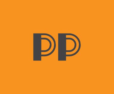 Canlı turuncu arkaplan üzerinde geometrik elementlerle kalın siyah harf 'PP', markalaşma, tasarım veya modern yaratıcı projeler için ideal.