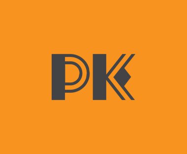 Canlı turuncu arkaplan üzerinde geometrik elementlerle kalın siyah harf 'PK', markalaşma, tasarım veya modern yaratıcı projeler için ideal.