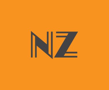 Canlı turuncu arkaplanda geometrik elementlere sahip kalın siyah harf 'NZ', markalaşma, tasarım veya modern yaratıcı projeler için ideal.